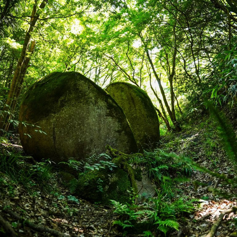 深緑の山に神秘の大割れ石「天馬山（てんばやま）」